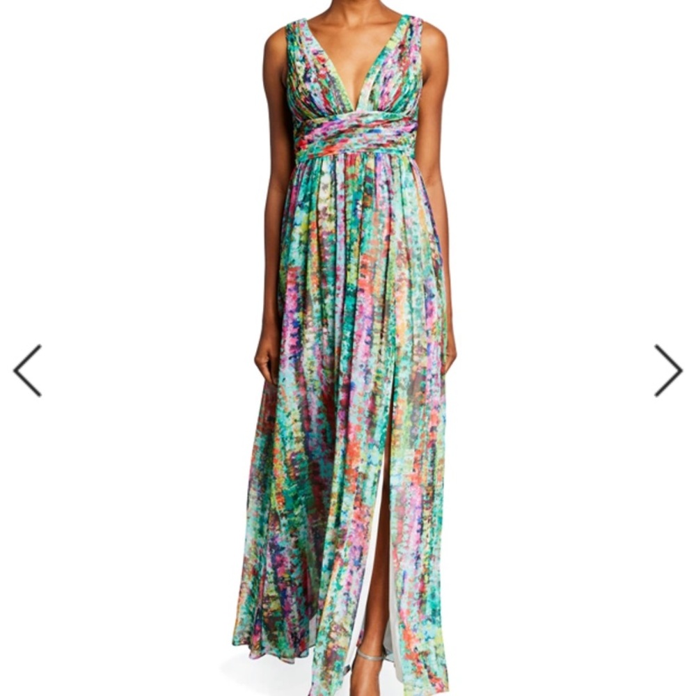 Aidan Mattox Chiffon V-Neck Watercolor Side Slit Dress